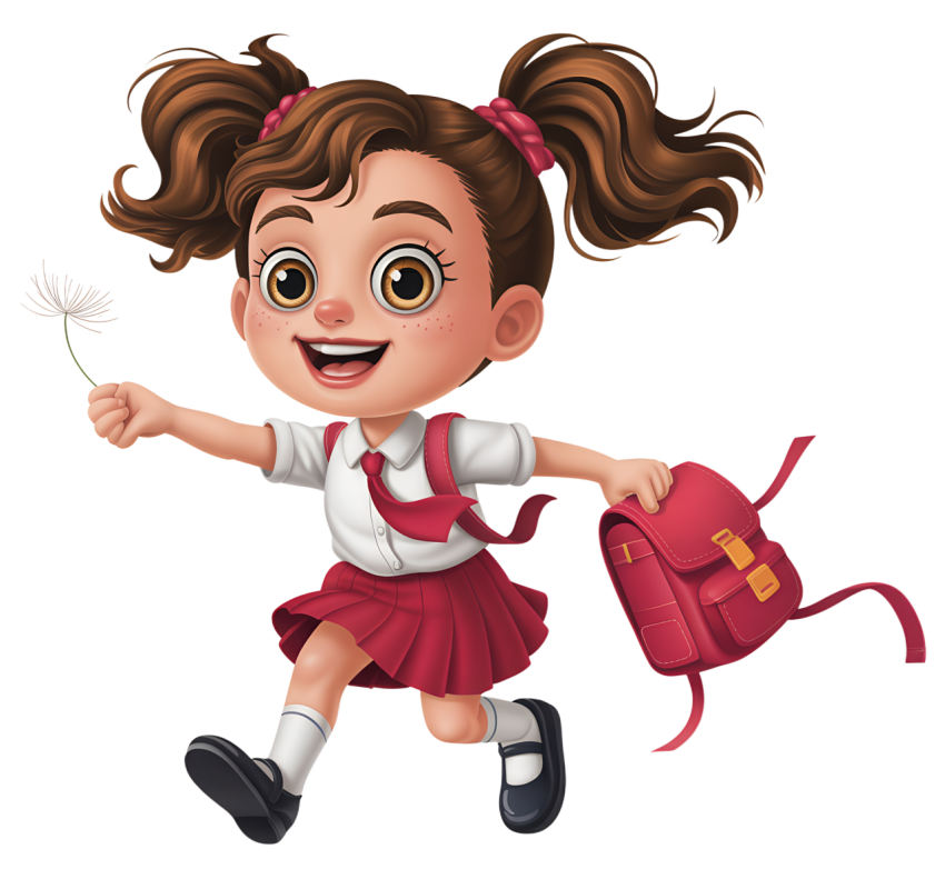 Excited Cartoon Girl in School Uniform Running with Joy