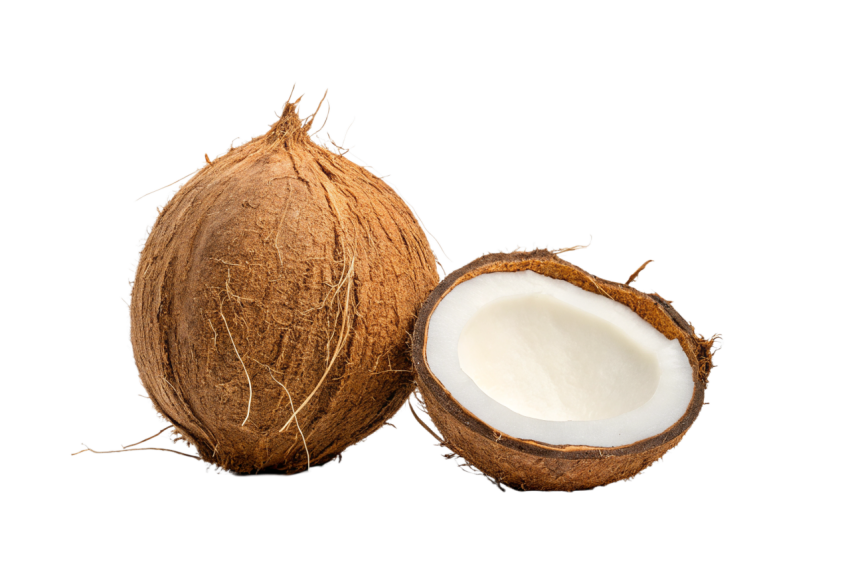 Whole Coconut and Halved Coconut on Transparent Background