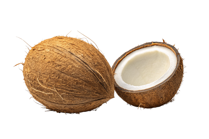 Whole Coconut and Halved Coconut on Transparent Background