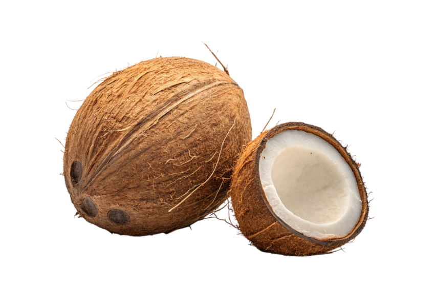 Whole Coconut and Halved Coconut on Transparent Background