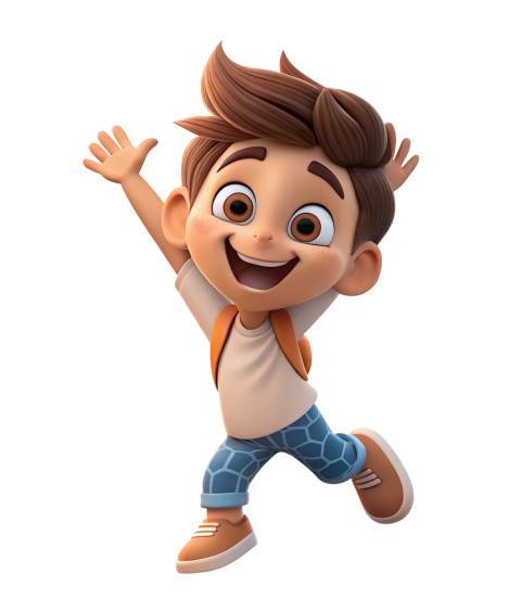 Excited Young Boy Jumping Happily With Smile and Backpack
