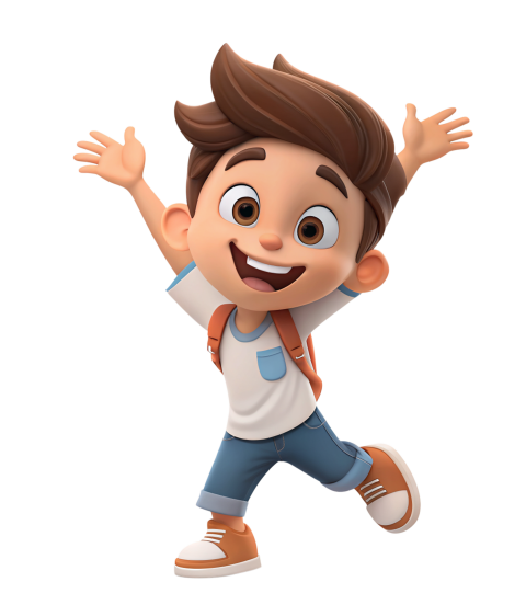 Excited Young Cartoon Boy Jumping Happily With Smile and Backpack