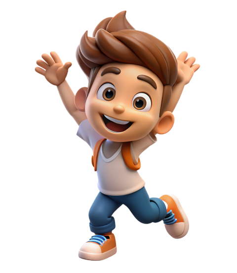 Excited Young Cartoon Boy Jumping Happily With Smile and Backpack