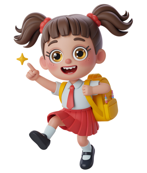 Excited Cartoon Girl in School Uniform Jumping with Joy