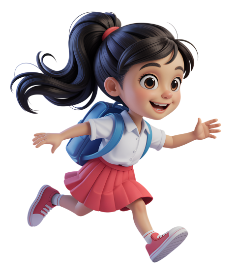 Excited Cartoon Girl in School Uniform Running with Joy