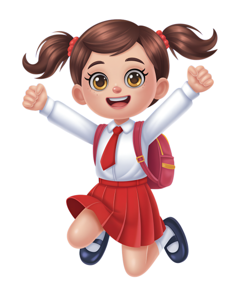 Excited Cartoon Girl in School Uniform Jumping with Joy