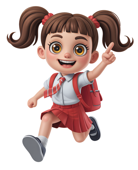 Excited Cartoon Girl in School Uniform Running with Joy