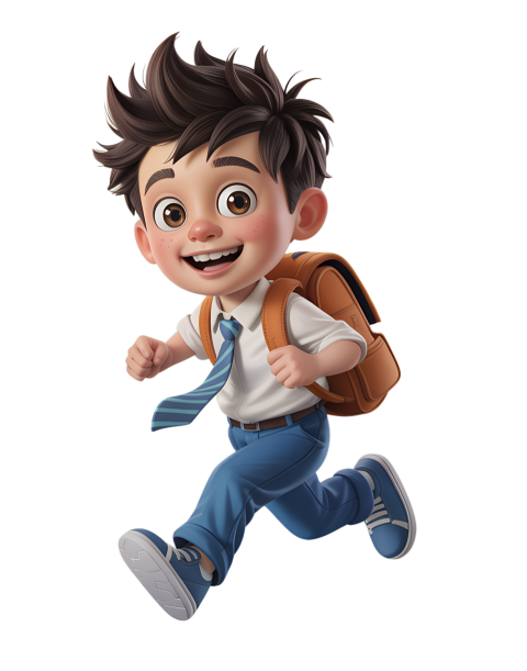 Happy Cartoon Schoolboy in School Uniform Running with Joy