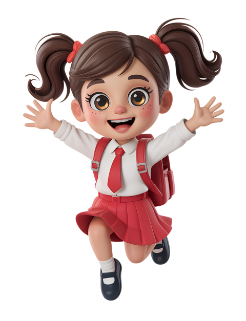 Excited Cartoon Girl in School Uniform Jumping with Joy