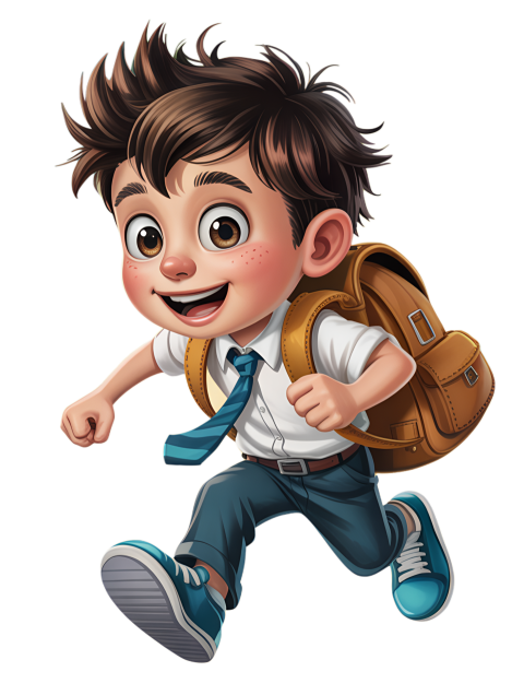 Happy Cartoon Schoolboy in School Uniform Running with Joy