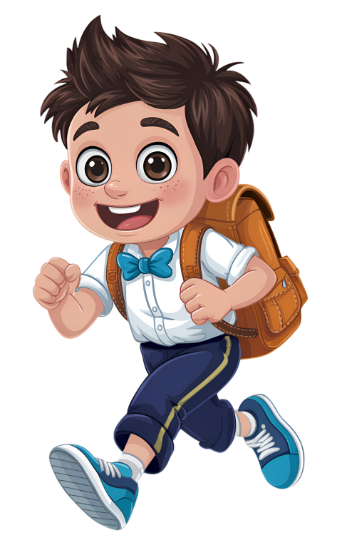 Happy Cartoon Schoolboy in School Uniform Running with Joy