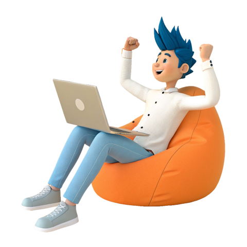Excited 3D Cartoon Character Using Laptop Sitting on a Bean Bag