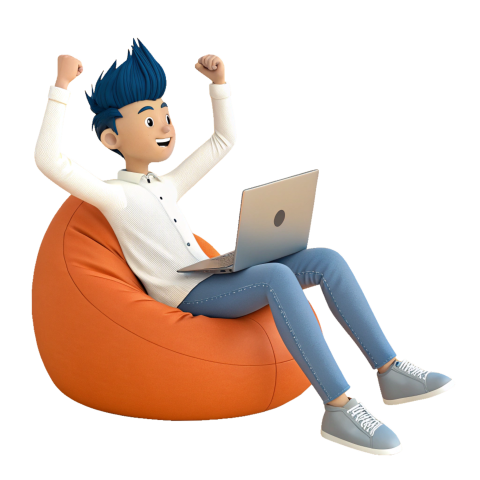 Excited 3D Cartoon Character Using Laptop Sitting on a Bean Bag