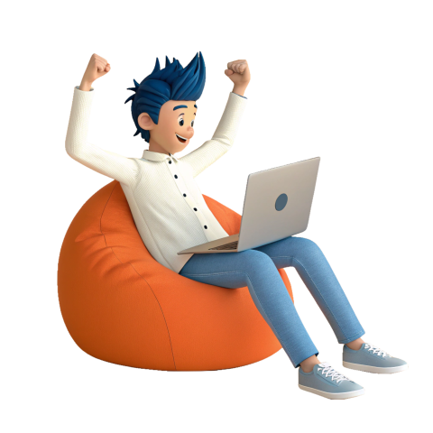 Excited 3d Cartoon Character with Laptop sitting on a Bean  Bag