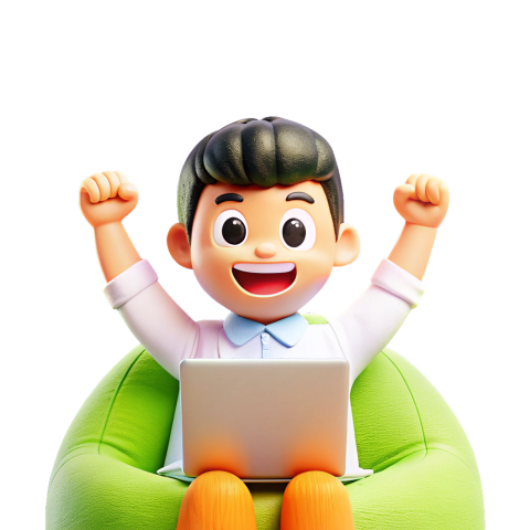 Excited 3D Cartoon Character Using Laptop Sitting on a Bean Bag