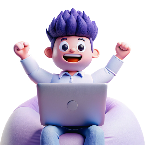 Excited 3D Cartoon Character Using Laptop Sitting on a Bean Bag