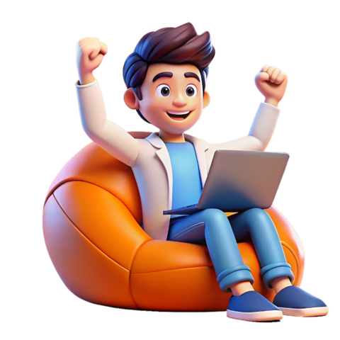 Excited 3D Cartoon Character Using Laptop Sitting on a Bean Bag
