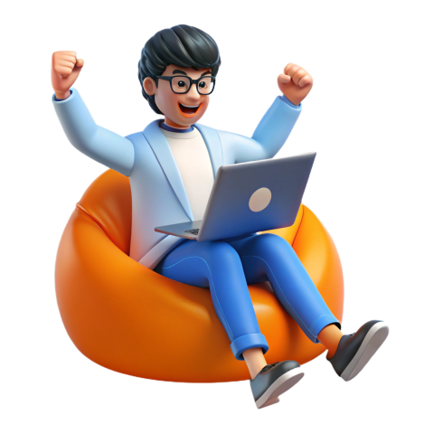 Excited 3D Cartoon Character with Laptop Png