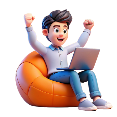 Excited 3D Cartoon Character with Laptop Png