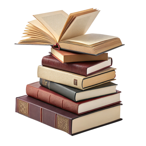 Featuring a stack of books with various sizes