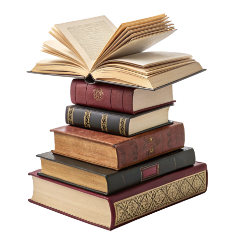 Featuring a stack of books with various sizes