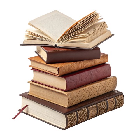 Featuring a stack of books with various sizes