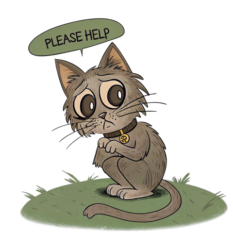 Sad Cartoon Cat Seeking Help with Expressive Eyes