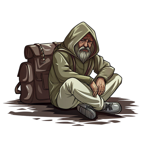 Cartoon illustration of a homeless man png