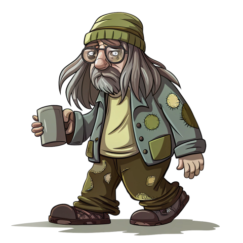 Cartoon illustration of a homeless man png