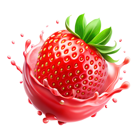 Strawberry in pink milkshake splash on Transparent Background