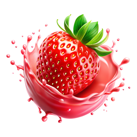 Strawberry in pink milkshake splash on Transparent Background