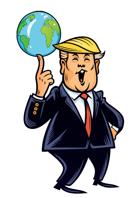 Donald Trump Cartoon Character Balancing a Globe in a Playful Pose
